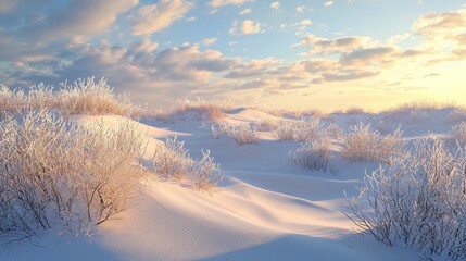 Wall Mural - Serene Winter Landscape with Snow-Covered Dunes and Frosted Vegetation Under a Bright Morning Sky