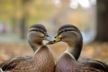 Wall Mural - Two ducks standing side by side, likely in a natural or park environment