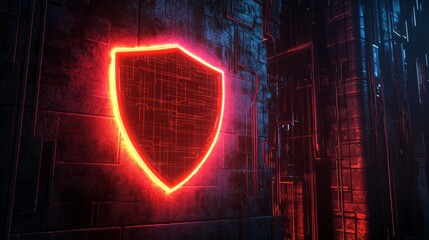 Aufkleber - Red neon shield glowing on a dark tech wall, cyber security theme. Digital protection and defense concept