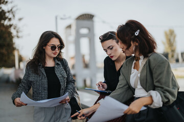 Wall Mural - Three professional women gather outdoors, reviewing documents and discussing work. The group is focused, showcasing teamwork and collaboration in an informal business setting.