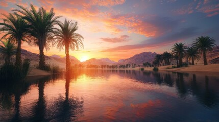 Wall Mural - Serene Desert Landscape at Sunset with Palm Trees and Reflections on Calm Water in a Picturesque Nature Scene