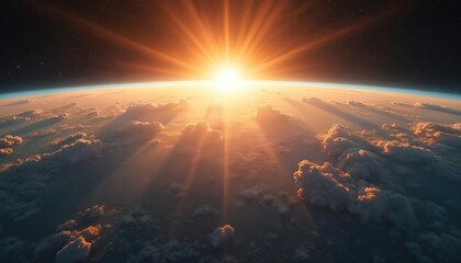 Wall Mural - Early morning sunlight over Earth surface from space. Sun rays shine through cloudscape atmosphere. Blue planet in universe, exploration of astronomy, solar energy, geography, global view. Fantasy