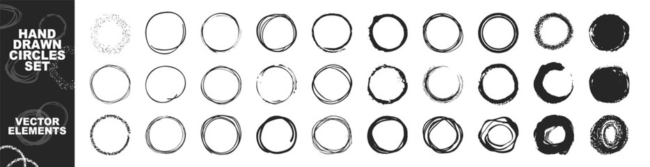 Aufkleber - Circle line sketch icon set in hand drawn style isolated on transparent. Ink hand drawn paint brush circle. Logo, label design element vector illustration