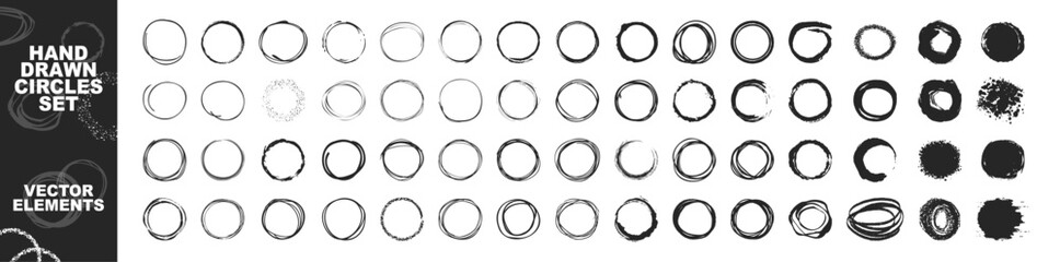Aufkleber - Circle line sketch icon set in hand drawn style isolated on transparent. Ink hand drawn paint brush circle. Logo, label design element vector illustration