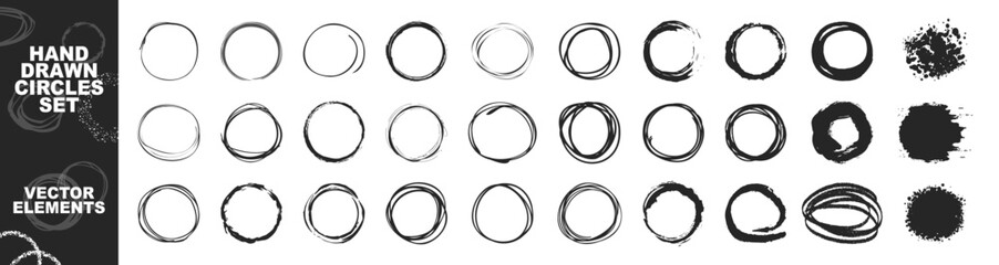 Aufkleber - Circle line sketch icon set in hand drawn style isolated on transparent. Ink hand drawn paint brush circle. Logo, label design element vector illustration