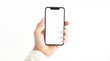 © Rexon Stock - Close-up of a woman's hand holding a modern smartphone with a blank screen, perfect for mockups, isolated on a white background. Minimalist concept for technology, business, and digital design.
