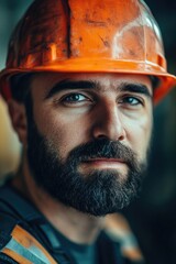 A person wearing a hard hat in a close-up shot, ideal for use in industrial or construction-related contexts