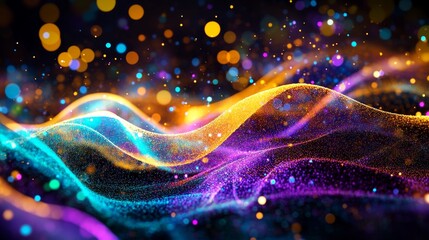 Wall Mural - Vibrant Energy Waves - Abstract of colorful, glowing energy waves flowing across a dark background. Perfect for technology, music, or abstract designs