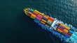 © Tom - Aerial view of a colorful cargo ship navigating through turquoise waters, showcasing a vibrant array of shipping containers.