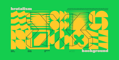 Leinwandbilder - Brutalism abstract vector green background with Postmodern geometric graphic shapes in Y2K aesthetics, trendy colorful modernism artwork banner, various brutal form and line elements