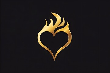 Golden heart icon with flame isolated on black background.