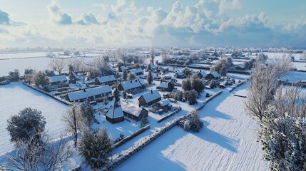 Wall Mural - Aerial View of a Serene Snow-Covered Village in Winter with Cloudy Sky and Frosted Landscape