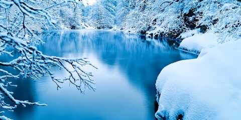 Sticker - A serene winter landscape featuring a frozen lake surrounded by snow-covered trees, reflecting a peaceful blue hue.