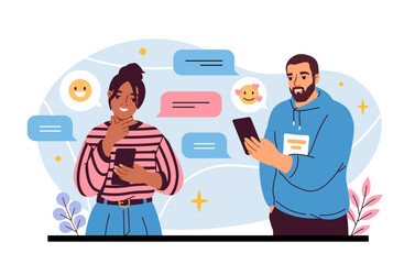 Wall Mural - two people texting on smartphones with emojis on a light background. flat graphic style. concept of 