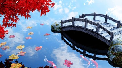 Sticker - A serene pond scene featuring colorful koi fish, vibrant lily pads, and a wooden bridge under a clear blue sky with fluffy clouds.