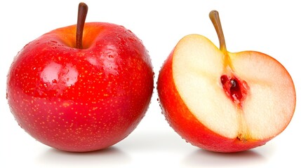 Wall Mural - Red Apple with Water Droplets and Sliced Half Showing Juicy Interior and Crisp Texture