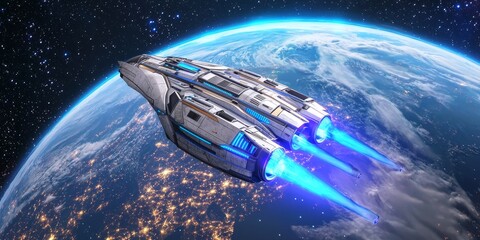 Wall Mural - A futuristic spaceship propels through space above Earth, with bright blue exhaust flames illuminating the dark backdrop of the galaxy.