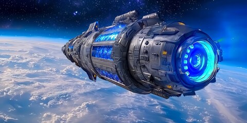 Wall Mural - A futuristic spaceship glides through space, featuring a sleek design with glowing blue accents against a backdrop of Earth and stars.