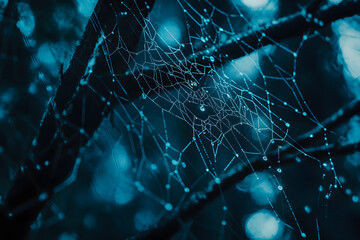 mysterious spider web with dewdrops illuminated dark forest night nature macro photography intricate
