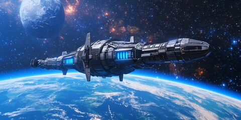 Wall Mural - A futuristic spaceship glides above Earth, illuminated by blue lights, set against a backdrop of stars and planets in deep space.