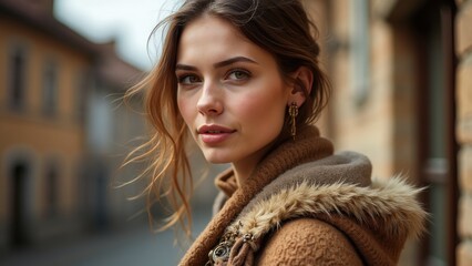 Wall Mural - Woman with brown hair and brown coat is standing on a street