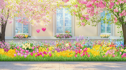 Poster - Colorful spring garden blooms near a charming cottage with vibrant flowers in full display during daylight hours