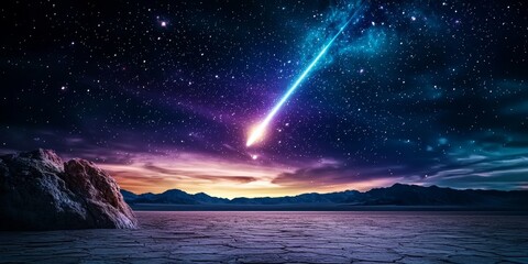 Wall Mural - a vibrant night sky showcases a comet streaking across, illuminating the horizon over a tranquil wat