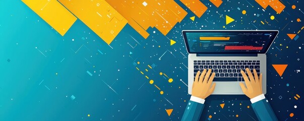 Hands typing on a laptop with abstract shapes and digital coding patterns