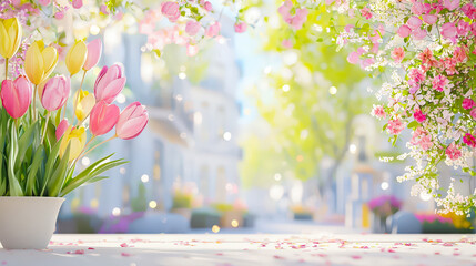 Poster - Colorful tulips and blooming flowers create a vibrant spring atmosphere in a peaceful garden setting