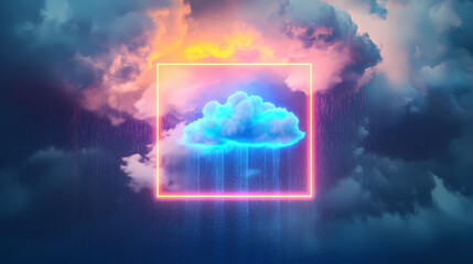 Wall Mural - abstract minimal backgroun with pink blue yellow neon light square frame with copy space illuminate 