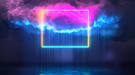 Wall Mural - abstract minimal backgroun with pink blue yellow neon light square frame with copy space illuminate 