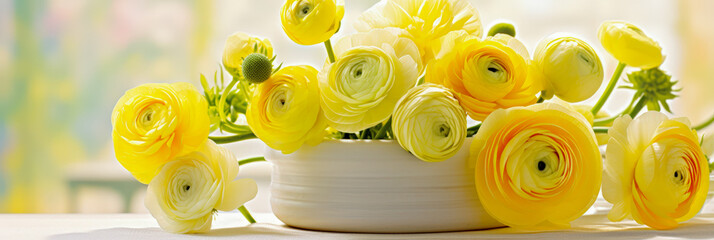 Aufkleber - Bright yellow ranunculus flowers in a simple white vase on a sunny table