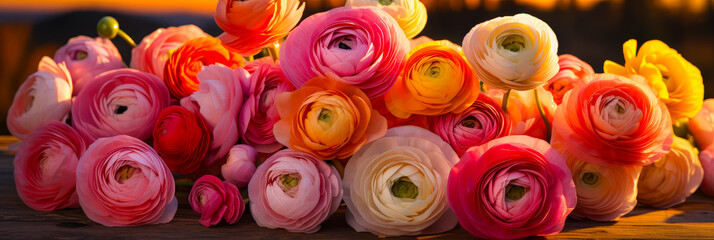 Aufkleber - Beautiful multicolored ranunculus flowers arranged elegantly during sunset at a garden display in spring