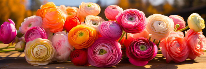 Aufkleber - Beautiful ranunculus flowers in a vibrant display at a garden during golden hour
