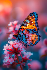 Aufkleber - Colorful butterfly perched on delicate flowers during sunset in a tranquil garden