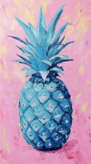 Aufkleber - Vibrant blue pineapple painting on pink background with expressive brushstrokes. Modern pop art with tropical and surreal concept