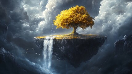 Canvas Print - Golden tree on a floating island with waterfall amidst stormy clouds.