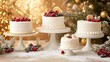 © Wimon - Vintagestyle cake collection with intricate decorations, fresh berries, and cream frosting, arranged on cake stands with a warm golden background