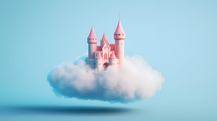 Wall Mural - A whimsical castle floating on a cloud against a blue background. Whimsical Cloud Castle. Illustration