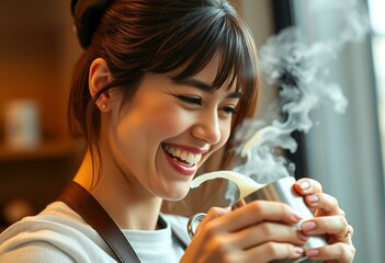 Wall Mural - Female Barista laughing while steaming milk