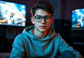 Sticker - Teenage male gamer in a dimly lit room with screen glow reflecting on glasses