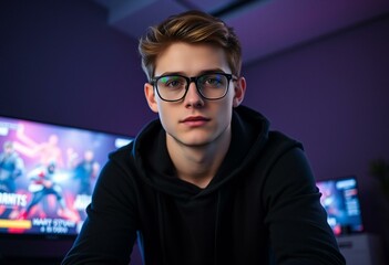 Wall Mural - Teenage male gamer with screen glow reflecting on glasses