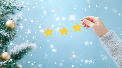 Leinwandbilder - Hand placing golden stars around a winter tree with sparkling decorations in a festive atmosphere
