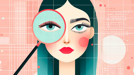 Poster - Magnifying glass highlights vibrant features of a modern woman in an abstract art style against a pastel background