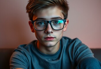 Wall Mural - Teenage boy gamer with screen glow on glasses