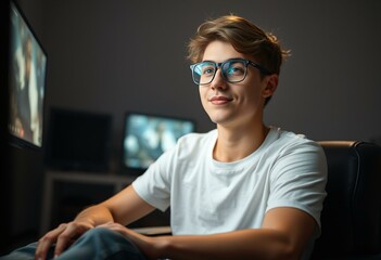 Sticker - Teenage gamer in dimly lit room with screen glow