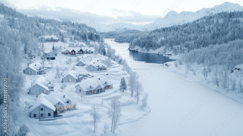 Aerial winter village by frozen lake, snowy landscape