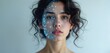 © Vadym - Close-up portrait of young woman with glowing blue particles overlay on her face. Digital skin, futuristic tech beauty concept. AI-generated girl face with digital enhancement, virtual reality.