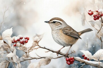 Wall Mural - Small bird perched on a snowy branch surrounded by red berries in winter