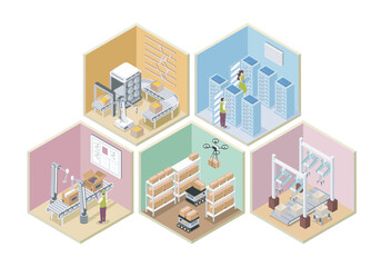 Aufkleber - Automated industry 3d isometric rooms concept in isometry graphic design for web. People working in conveyor lines with robotic arms on packing boxes, controlling at server racks. Vector illustration.